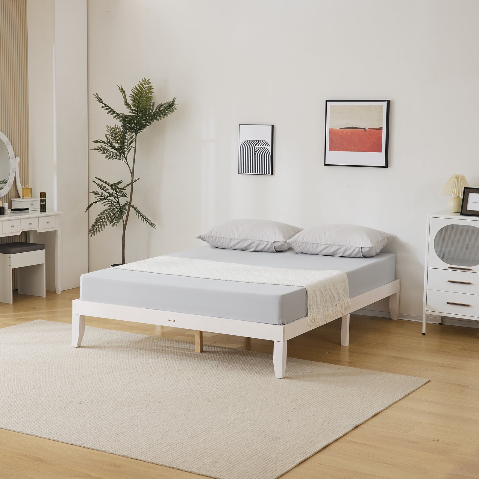 Haoyye Basic Painted Pine Wood Bed Frame, White – Full Single Wooden Bed With Sturdy Construction And Minimalist Design, Eco-Friendly, Easy To Assemble For Modern Bedrooms