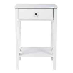 HAOYYE Two-Layer Bedside Table with Drawer, Modern White Nightstand Coffee Side Table with Storage Shelf, Compact End Table for Bedroom Living Room Apartment Small Space, Stylish and Durable Wood Design