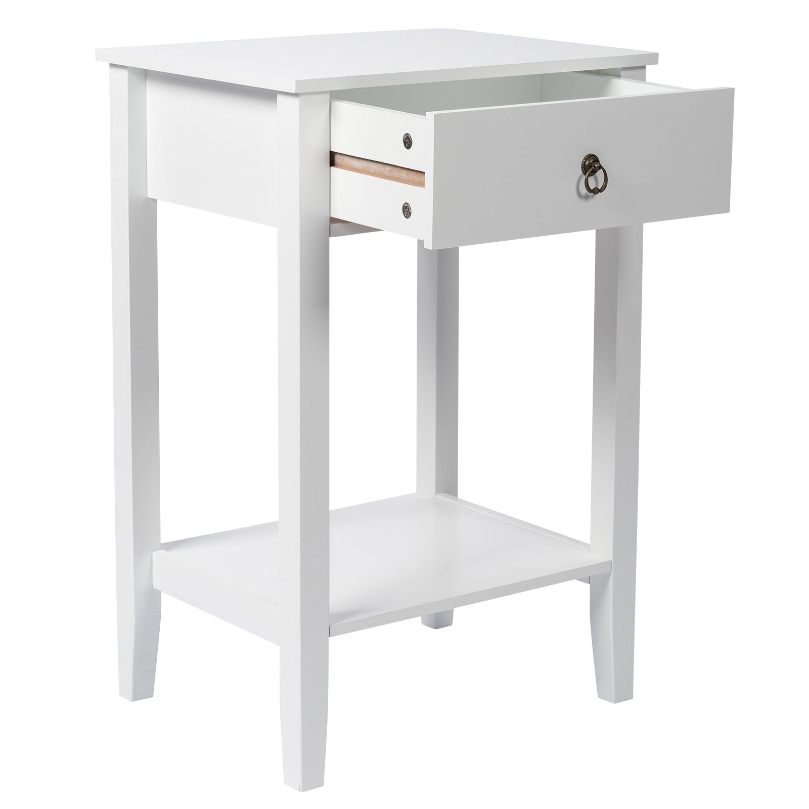 HAOYYE Two-Layer Bedside Table with Drawer, Modern White Nightstand Coffee Side Table with Storage Shelf, Compact End Table for Bedroom Living Room Apartment Small Space, Stylish and Durable Wood Design