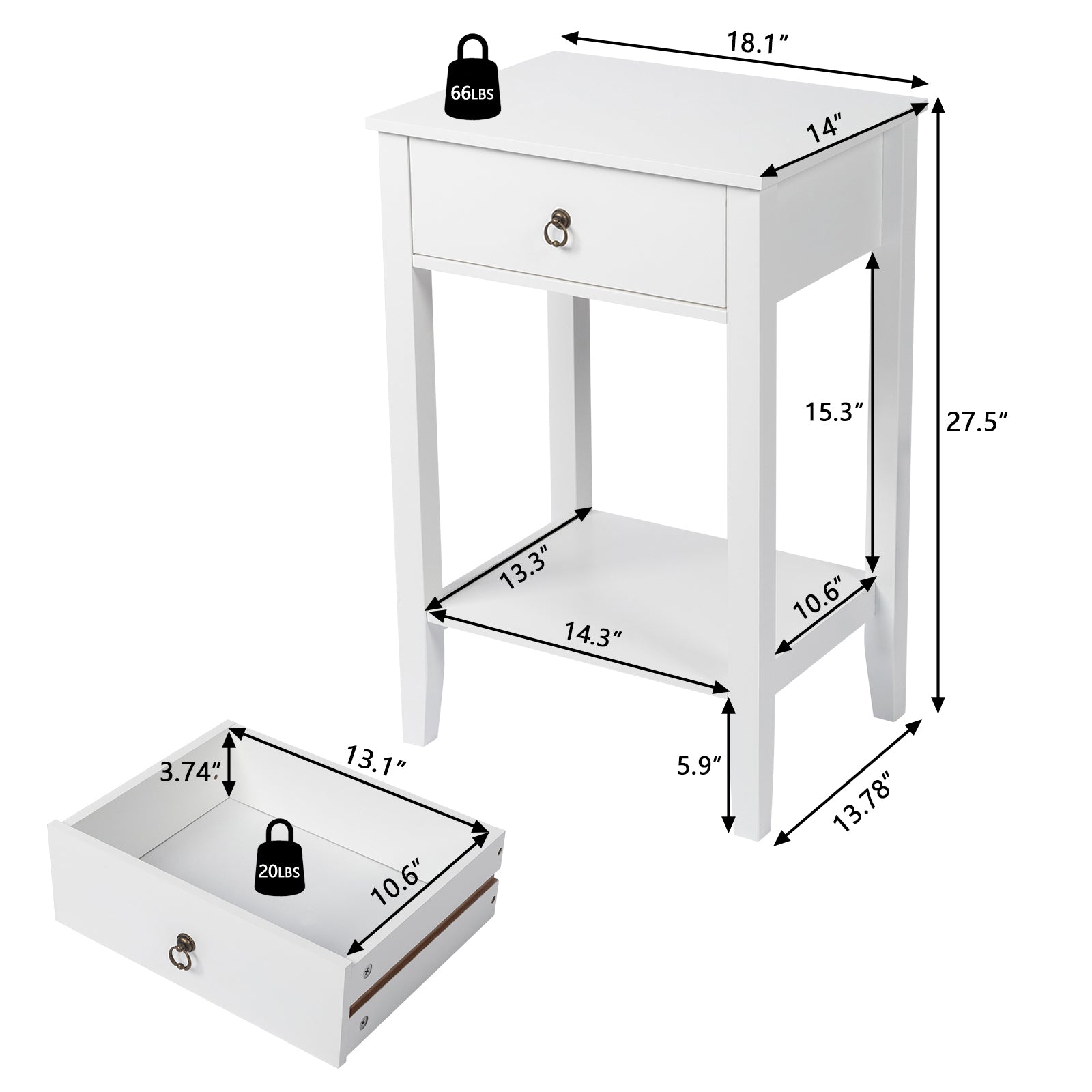 HAOYYE Two-Layer Bedside Table with Drawer, Modern White Nightstand Coffee Side Table with Storage Shelf, Compact End Table for Bedroom Living Room Apartment Small Space, Stylish and Durable Wood Design