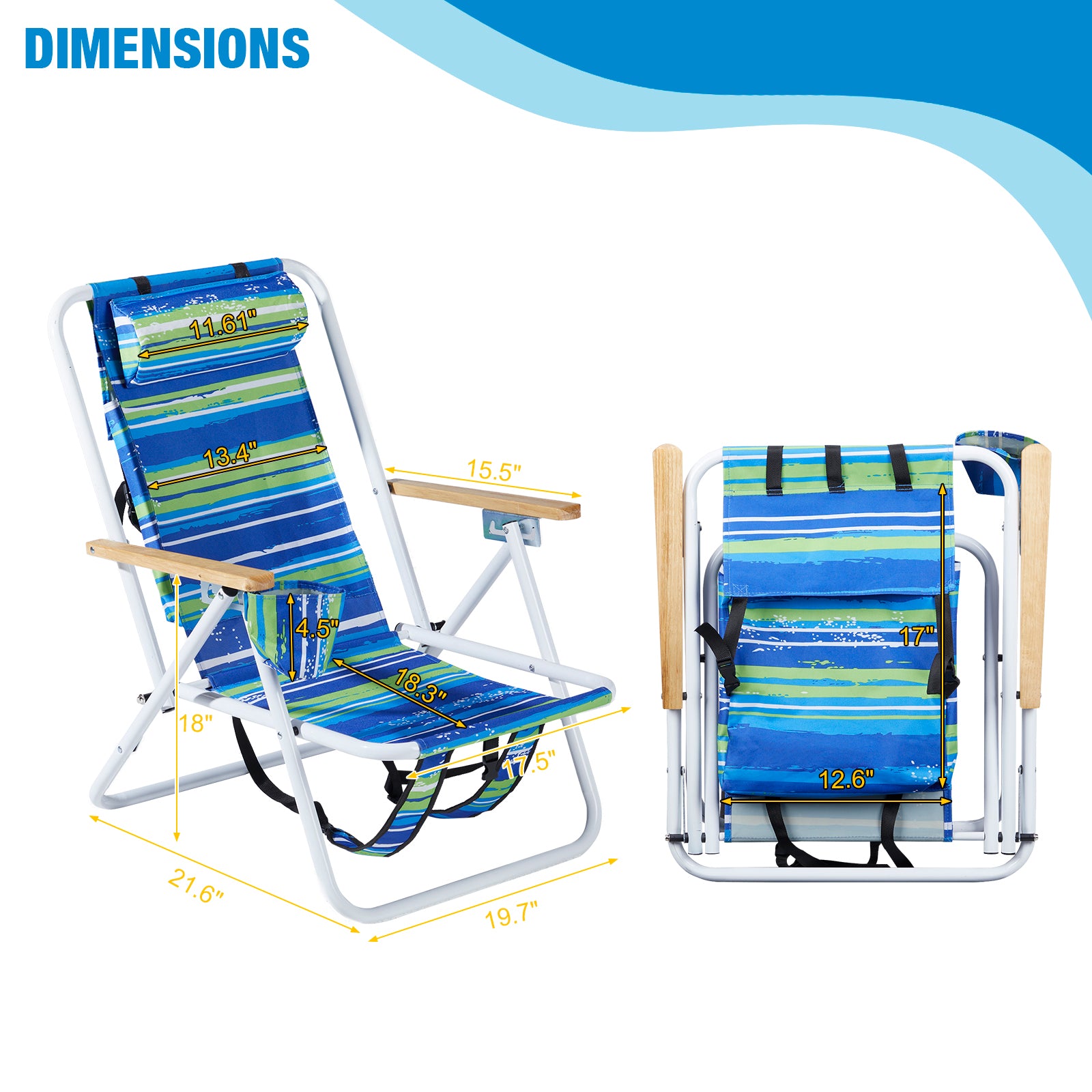 Haoyye 1PC Folding Beach Chair, 4-Position Portable Backpack Camping Chair with Headrest, Cup Holder, and Wooden Armrests, Blue & Green Stripes, Ideal for Beach, Outdoor, and Camping Relaxation