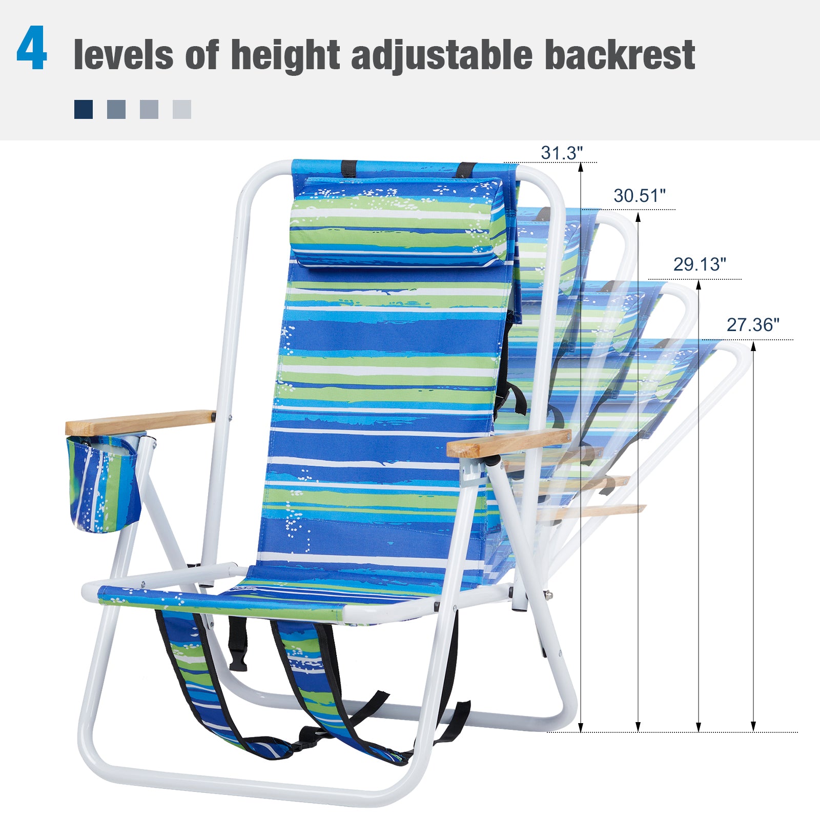 Haoyye 1PC Folding Beach Chair, 4-Position Portable Backpack Camping Chair with Headrest, Cup Holder, and Wooden Armrests, Blue & Green Stripes, Ideal for Beach, Outdoor, and Camping Relaxation