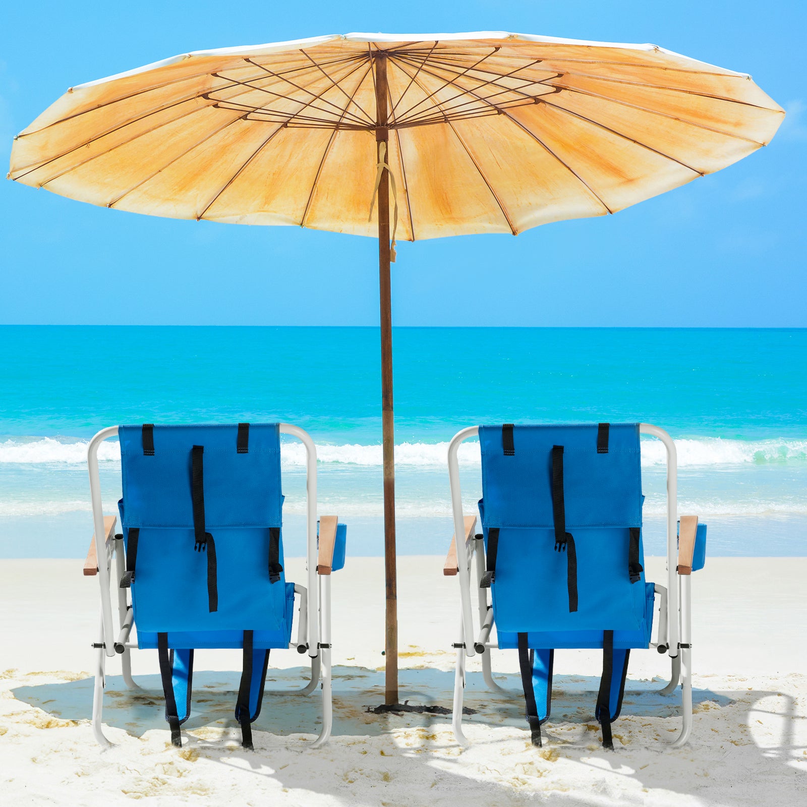 HAOYYE Folding Beach Chair Set of 2 for Adults, 4-Position Portable Backpack Foldable Camping Chair with Headrest, Cup Holder, and Wooden Armrests