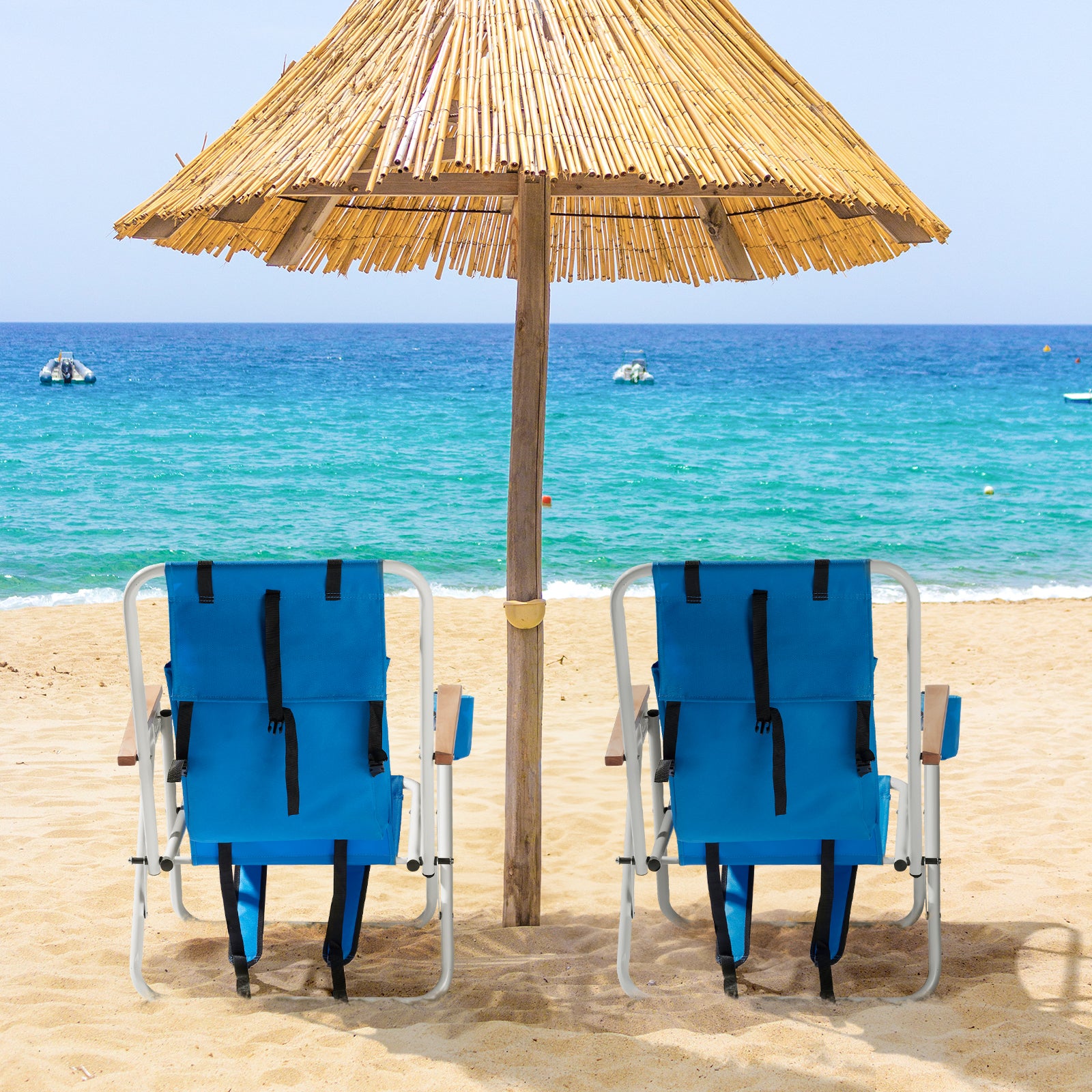 HAOYYE Folding Beach Chair Set of 2 for Adults, 4-Position Portable Backpack Foldable Camping Chair with Headrest, Cup Holder, and Wooden Armrests