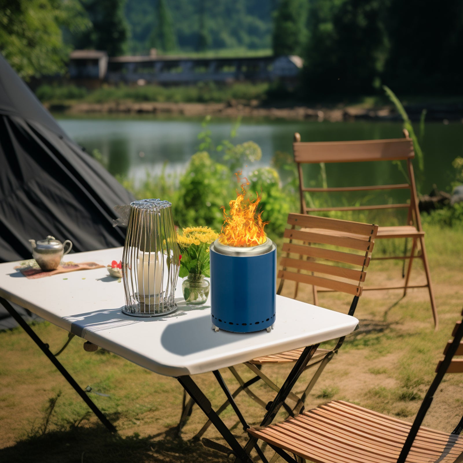 HAOYYE Smokeless Fire Pit Blue Stainless Steel Portable Mini Wood Burning Stove with Foldable Legs Travel Bag 360° Airflow for Outdoor Camping Patio Tabletop