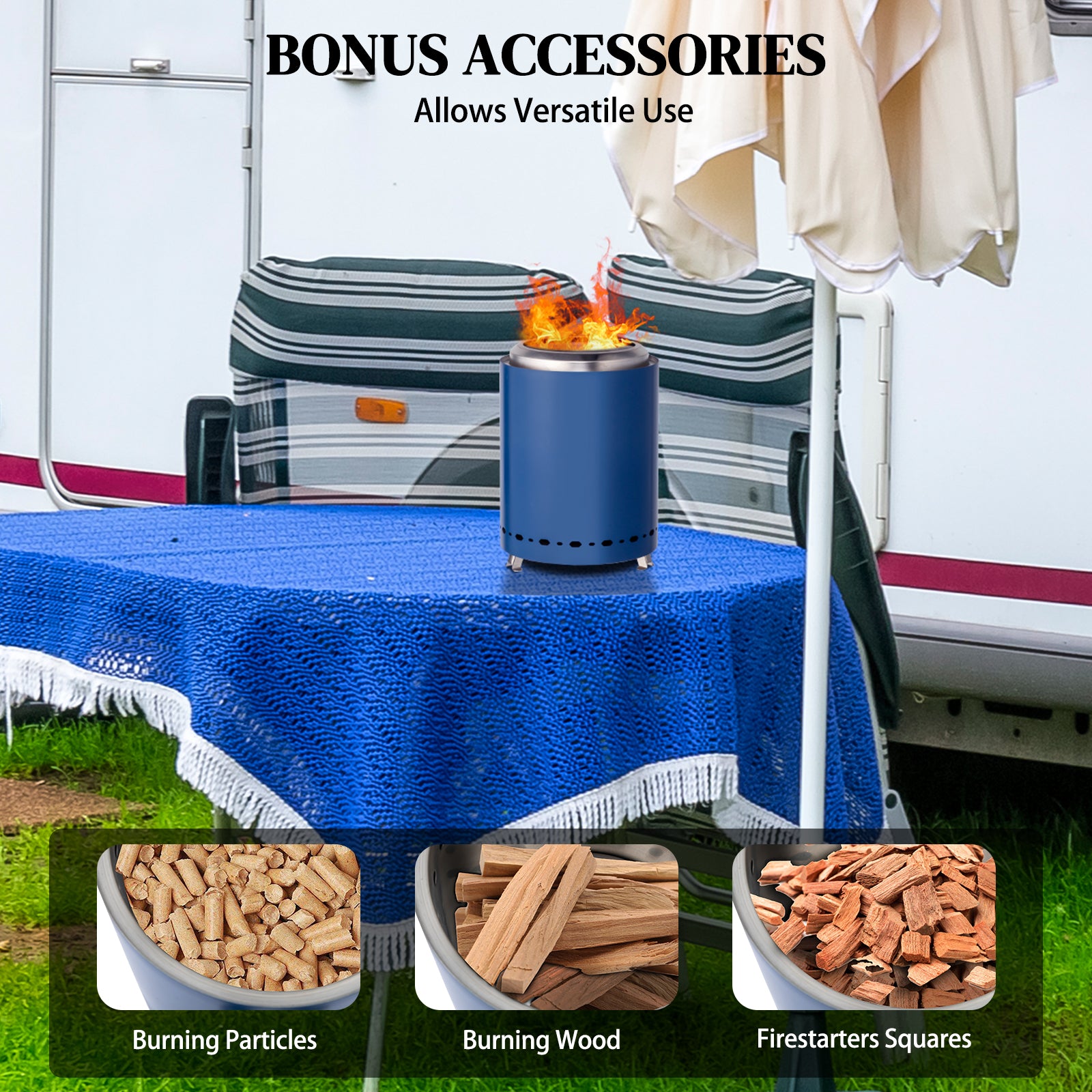 HAOYYE Smokeless Fire Pit Blue Stainless Steel Portable Mini Wood Burning Stove with Foldable Legs Travel Bag 360° Airflow for Outdoor Camping Patio Tabletop