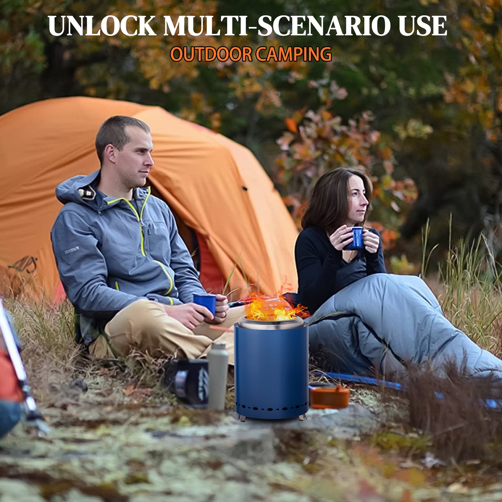 HAOYYE Smokeless Fire Pit Blue Stainless Steel Portable Mini Wood Burning Stove with Foldable Legs Travel Bag 360° Airflow for Outdoor Camping Patio Tabletop