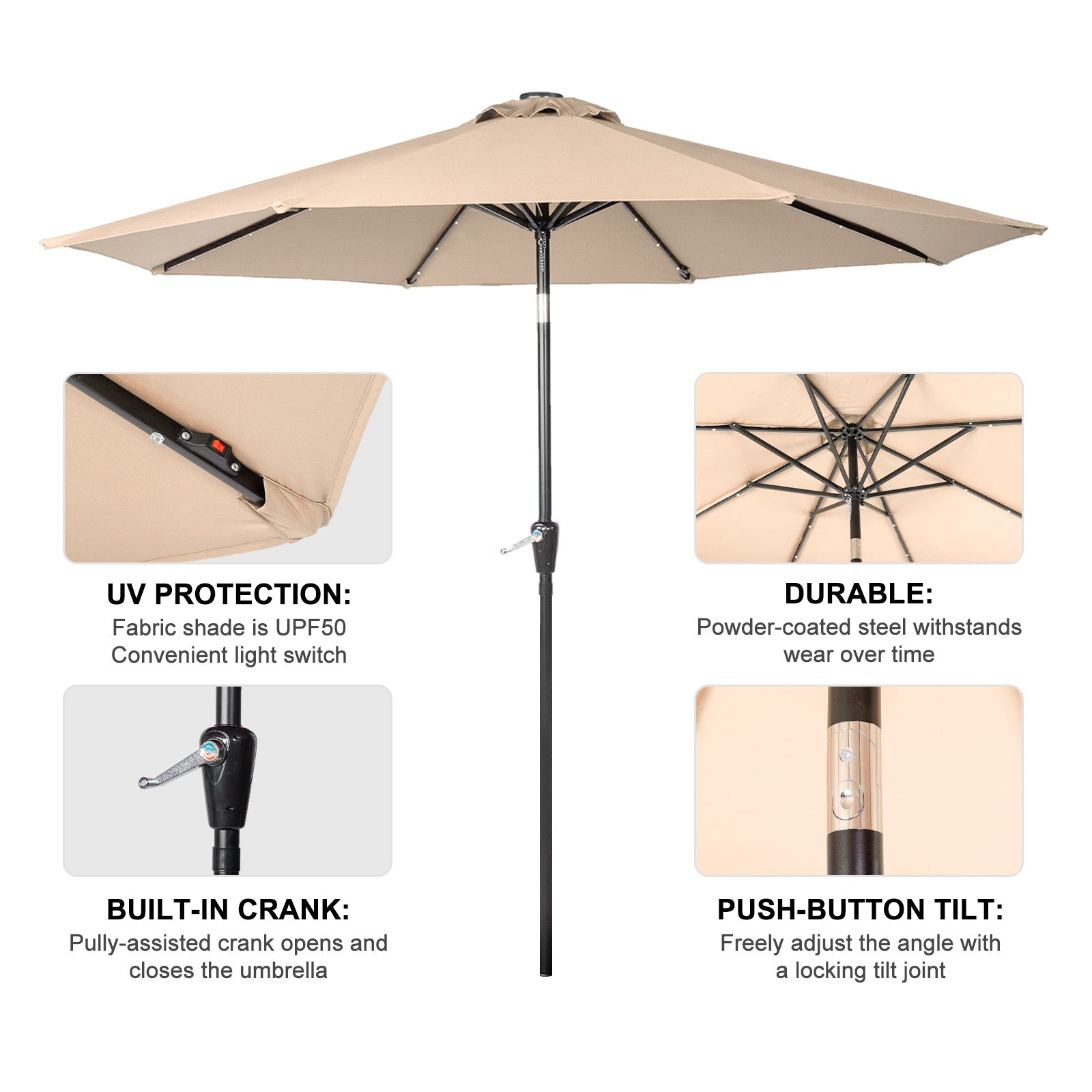 HAOYYE Outdoor Patio Umbrella Beige Waterproof Folding Sunshade with Lights Polyester Canopy and Durable Iron Frame Round Tilting Umbrella for Garden Deck Pool Backyard Use Base Not Included