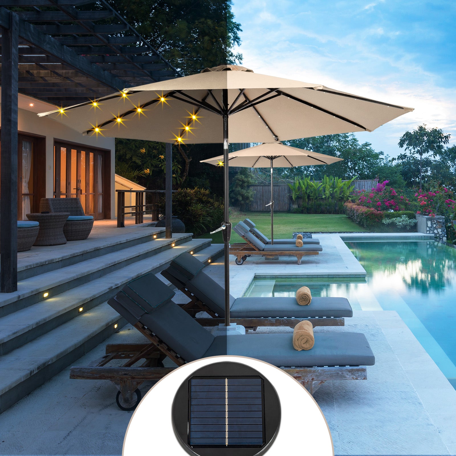HAOYYE Outdoor Patio Umbrella Beige Waterproof Folding Sunshade with Lights Polyester Canopy and Durable Iron Frame Round Tilting Umbrella for Garden Deck Pool Backyard Use Base Not Included