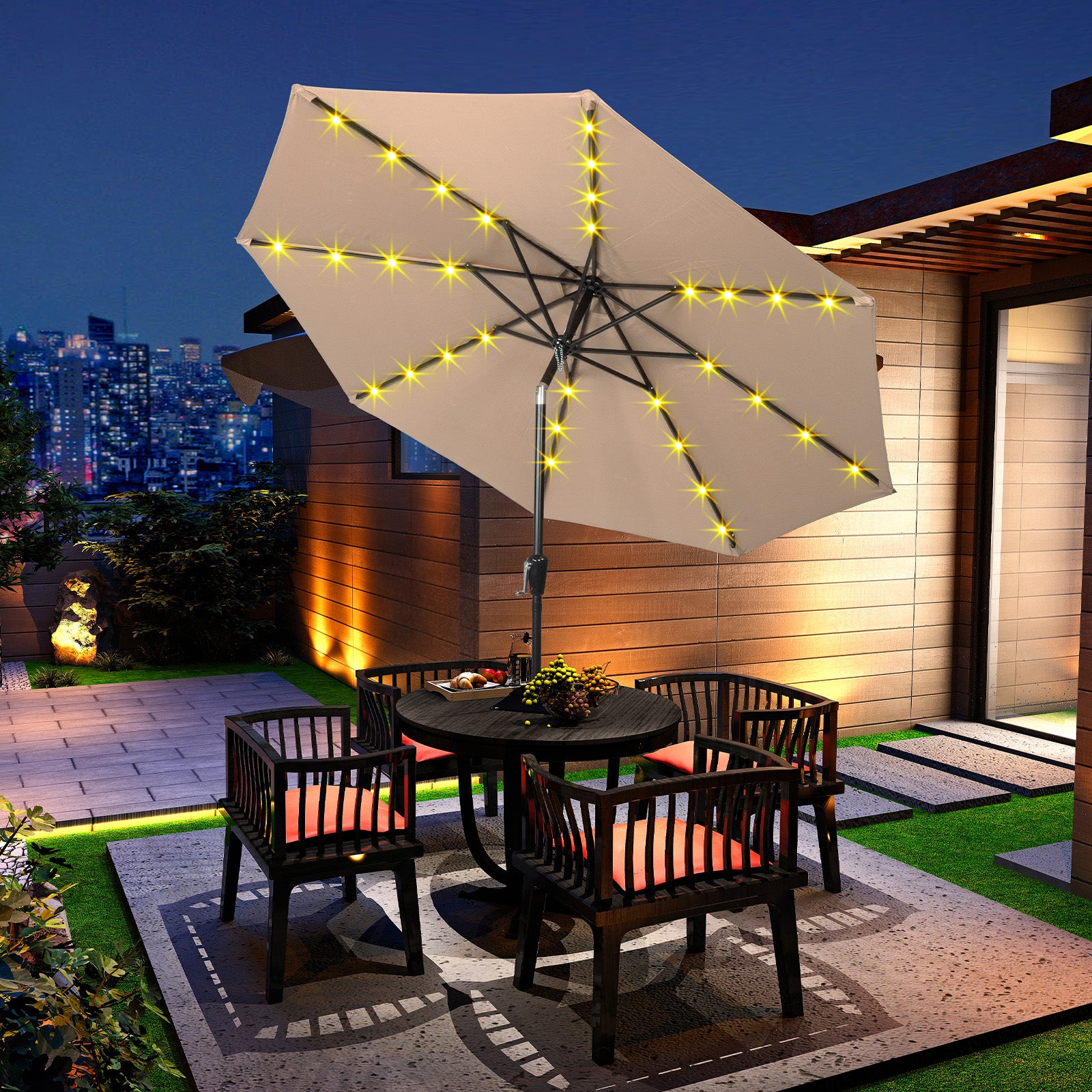 HAOYYE Outdoor Patio Umbrella Beige Waterproof Folding Sunshade with Lights Polyester Canopy and Durable Iron Frame Round Tilting Umbrella for Garden Deck Pool Backyard Use Base Not Included