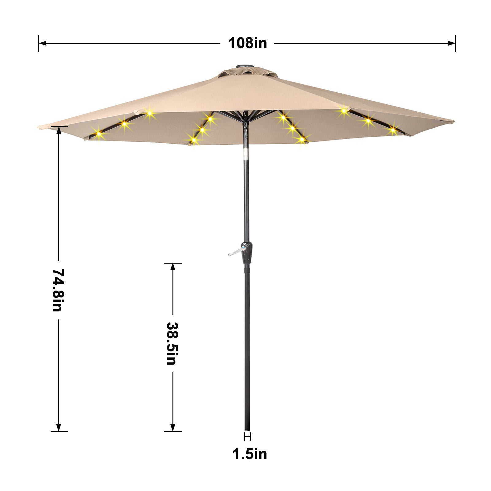 HAOYYE Outdoor Patio Umbrella Beige Waterproof Folding Sunshade with Lights Polyester Canopy and Durable Iron Frame Round Tilting Umbrella for Garden Deck Pool Backyard Use Base Not Included