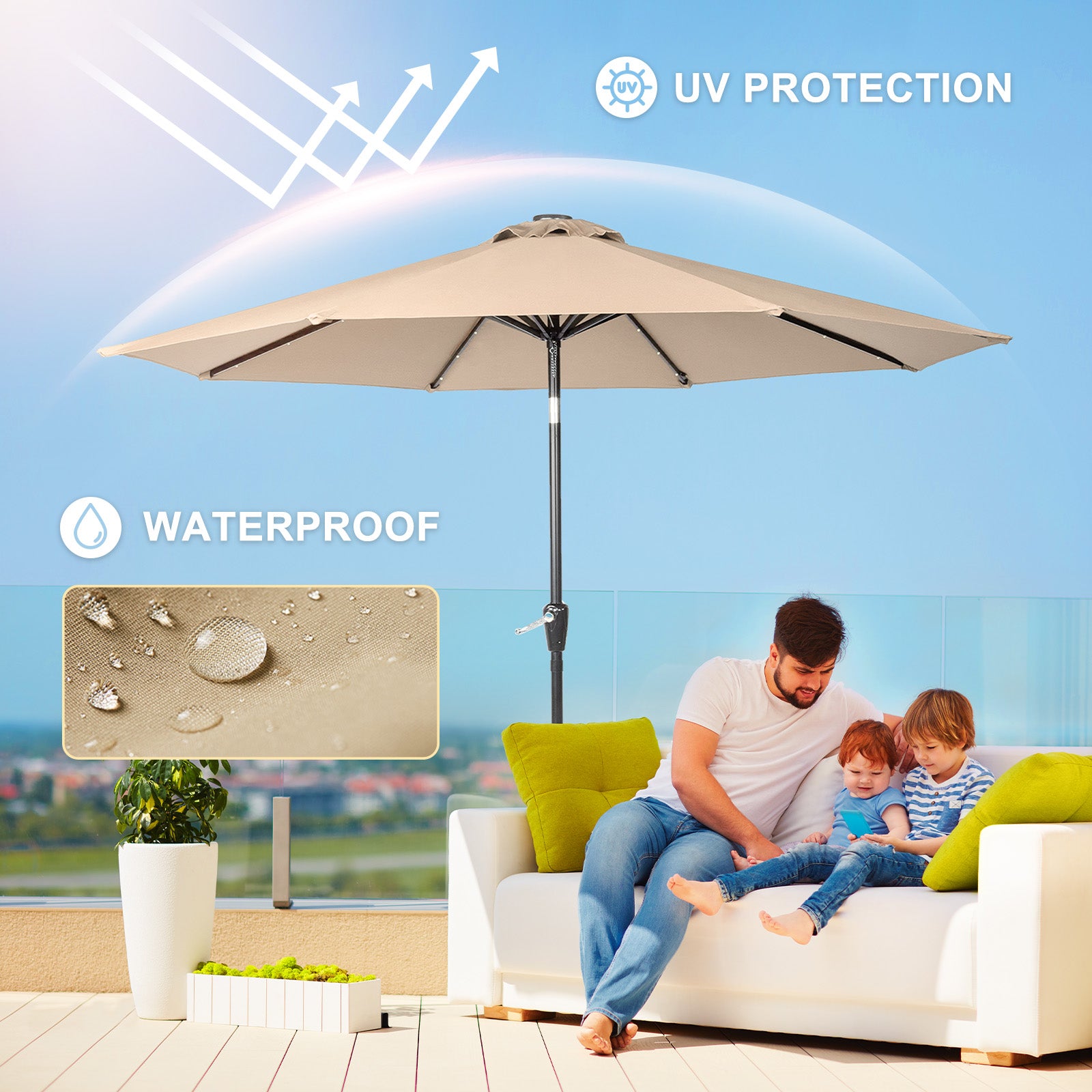 HAOYYE Outdoor Patio Umbrella Beige Waterproof Folding Sunshade with Lights Polyester Canopy and Durable Iron Frame Round Tilting Umbrella for Garden Deck Pool Backyard Use Base Not Included