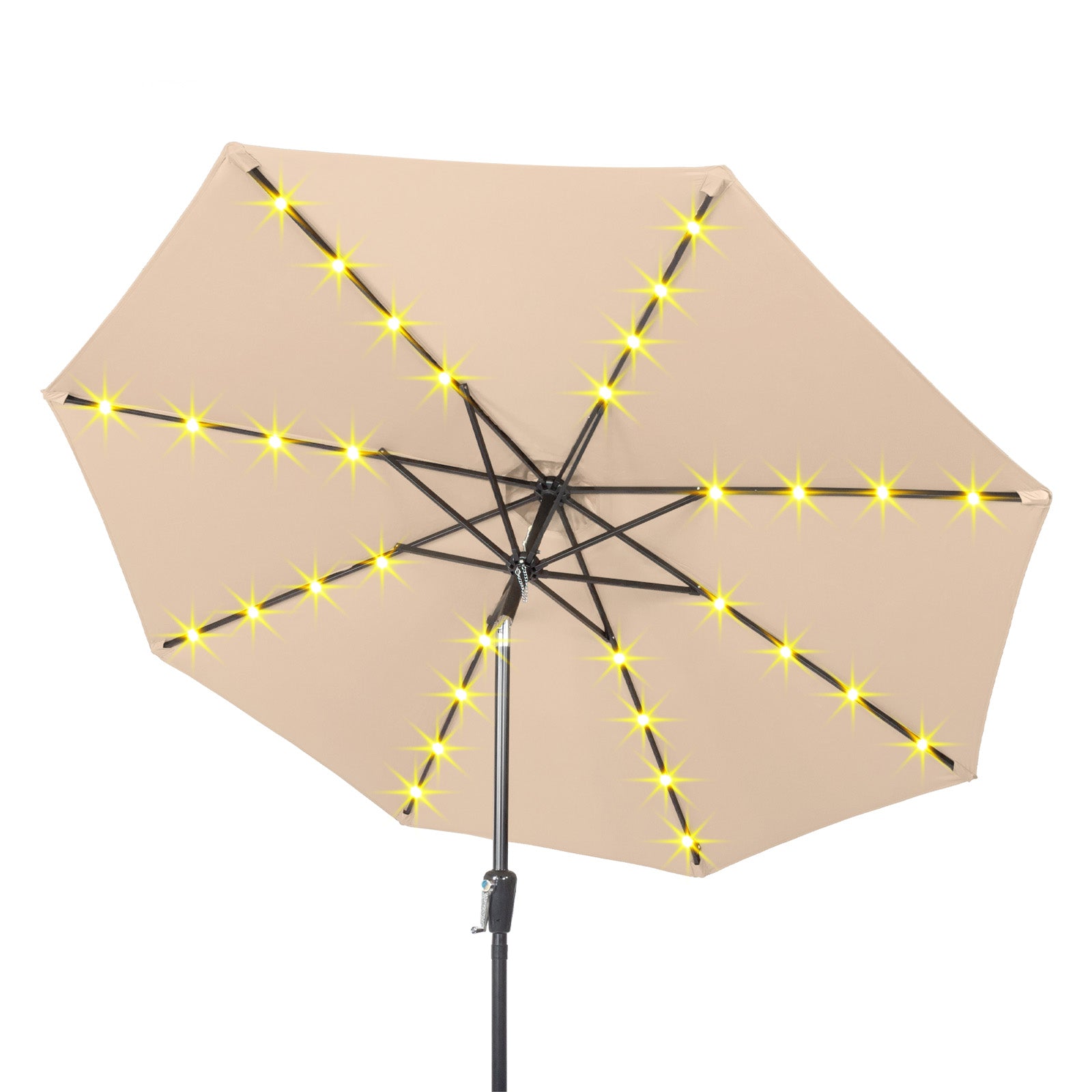 HAOYYE Outdoor Patio Umbrella Beige Waterproof Folding Sunshade with Lights Polyester Canopy and Durable Iron Frame Round Tilting Umbrella for Garden Deck Pool Backyard Use Base Not Included