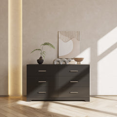 HAOYYE  6 Drawer Double Dresser for Bedroom & Living Room, Wide Storage Cabinet with Spacious Drawers, Modern Black Design, Multi-Functional Storage Organizer for Home Entryway, Closet, and Hallway, Sturdy and Easy Assembly.