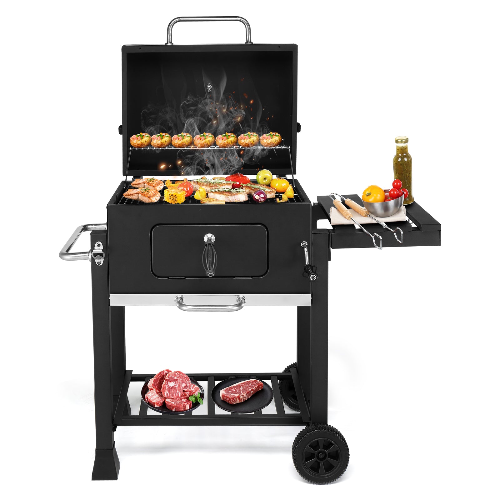 HAOYYE Heavy-Duty Charcoal Grill With Foldable Side Table And Wheels Portable Outdoor BBQ Grill For Patio Garden Backyard Picnics Easy Mobility And Durable Construction Perfect For Grilling Enthusiasts