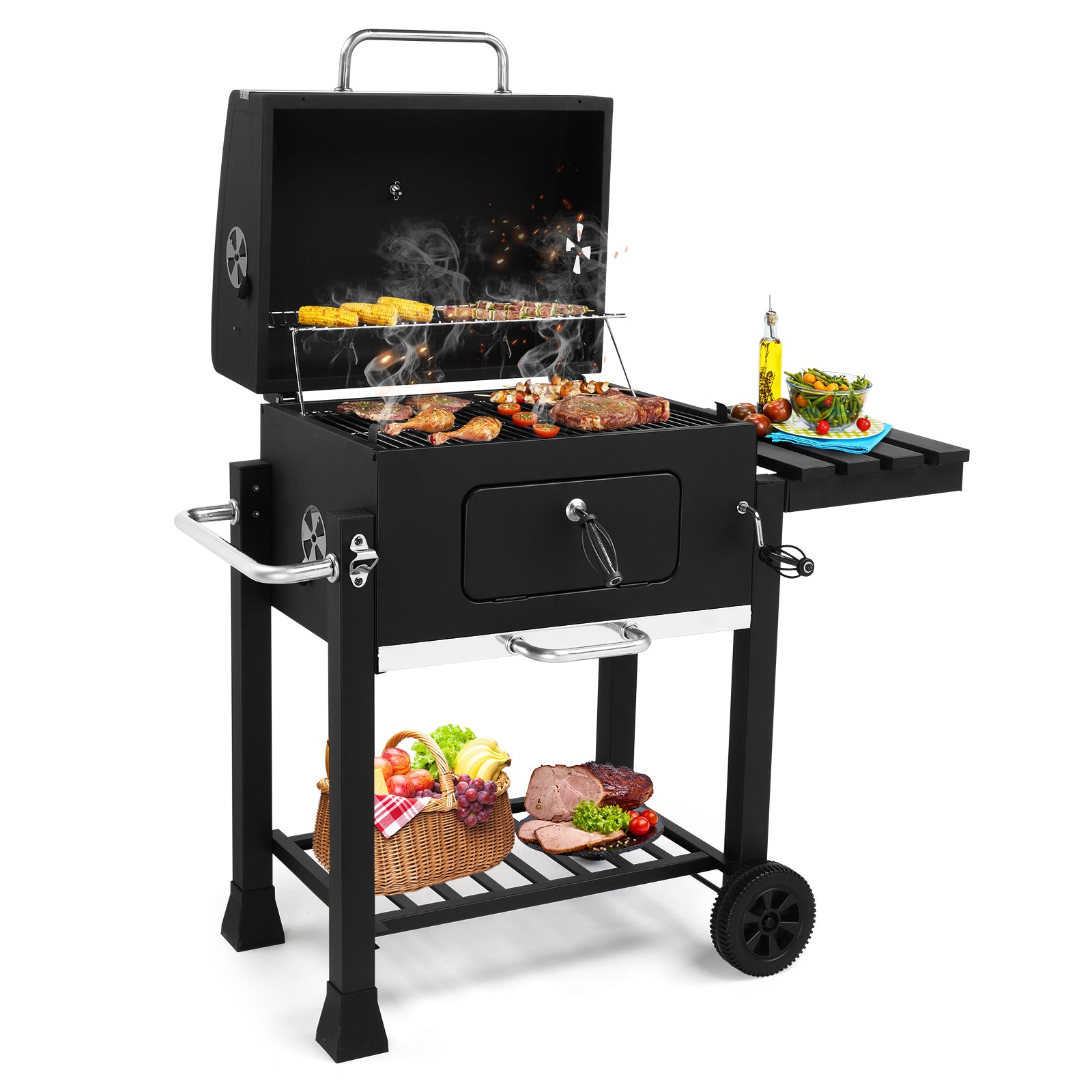 HAOYYE Heavy-Duty Charcoal Grill With Foldable Side Table And Wheels Portable Outdoor BBQ Grill For Patio Garden Backyard Picnics Easy Mobility And Durable Construction Perfect For Grilling Enthusiasts