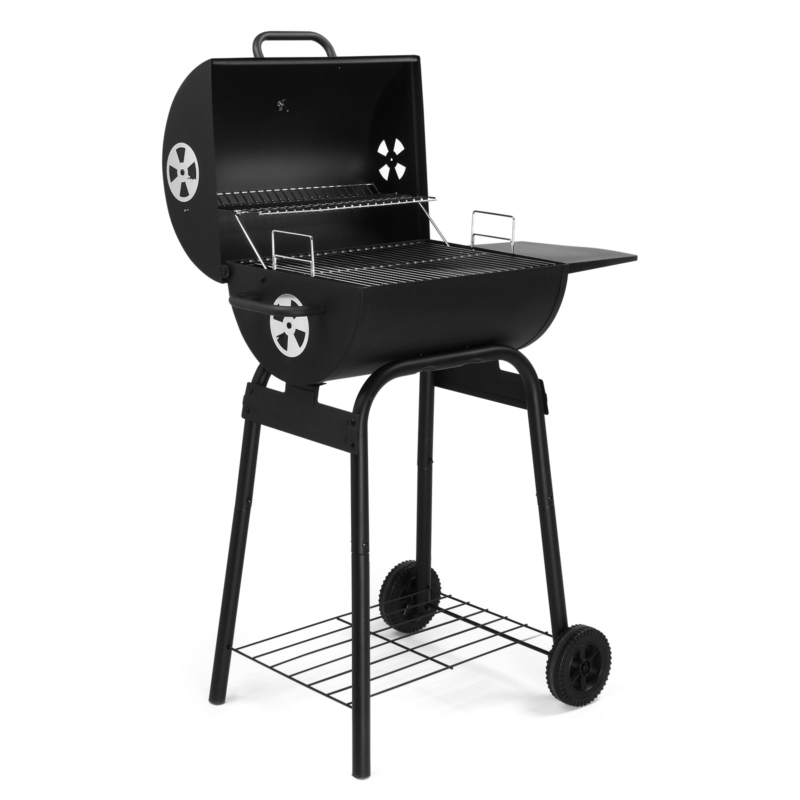 HAOYYE Charcoal Grills Outdoor BBQ Grill Barrel Style with Adjustable Charcoal Pan Side Table and Wheels for Backyard Patio Camping Picnics Garden Parties Large Cooking Space and Storage Shelf