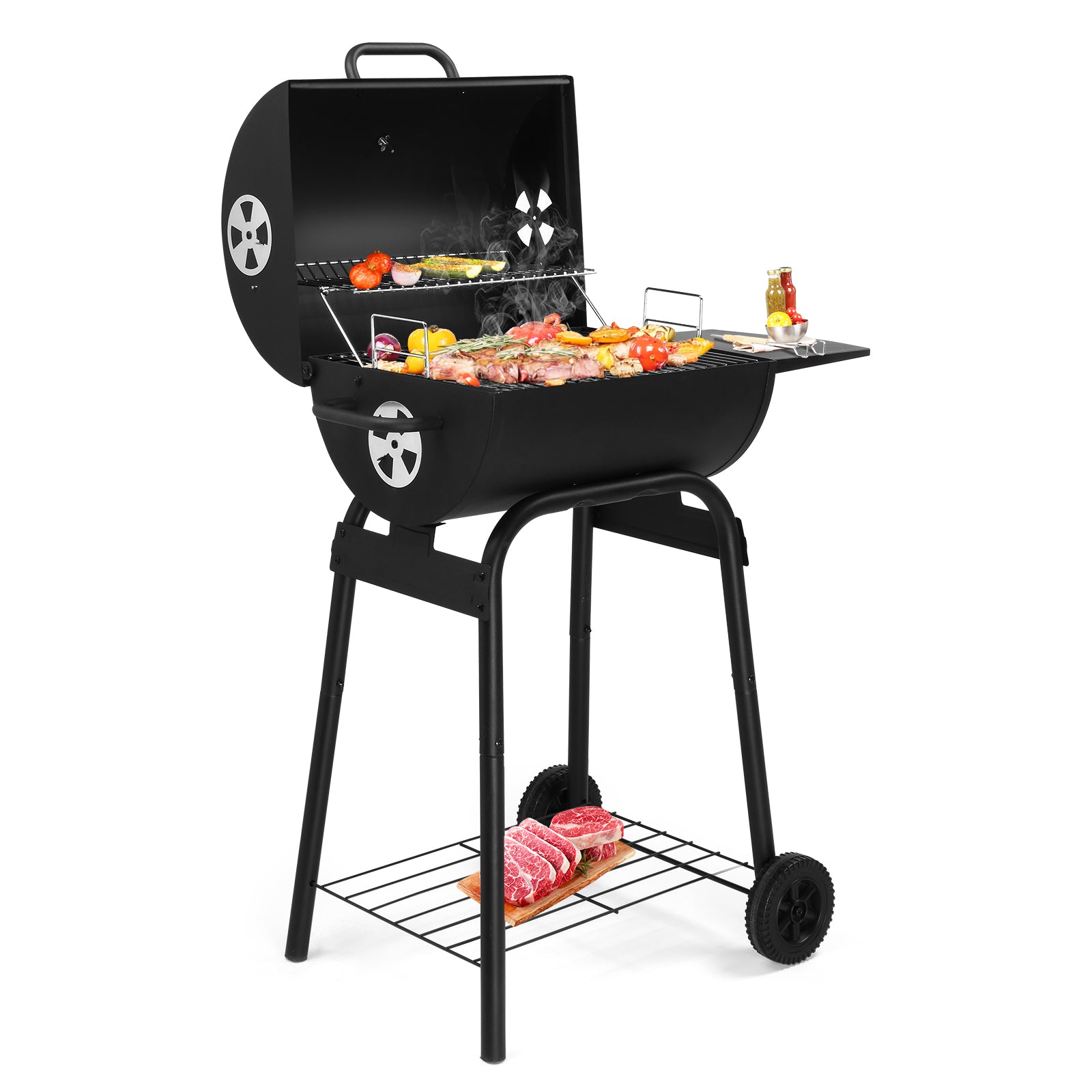 HAOYYE Charcoal Grills Outdoor BBQ Grill Barrel Style with Adjustable Charcoal Pan Side Table and Wheels for Backyard Patio Camping Picnics Garden Parties Large Cooking Space and Storage Shelf