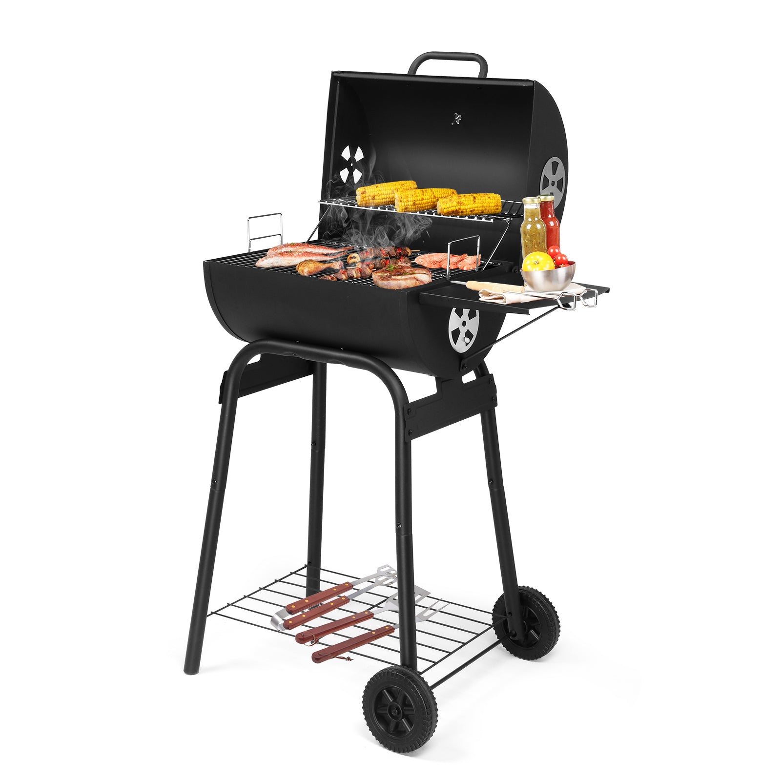 HAOYYE Charcoal Grills Outdoor BBQ Grill Barrel Style with Adjustable Charcoal Pan Side Table and Wheels for Backyard Patio Camping Picnics Garden Parties Large Cooking Space and Storage Shelf