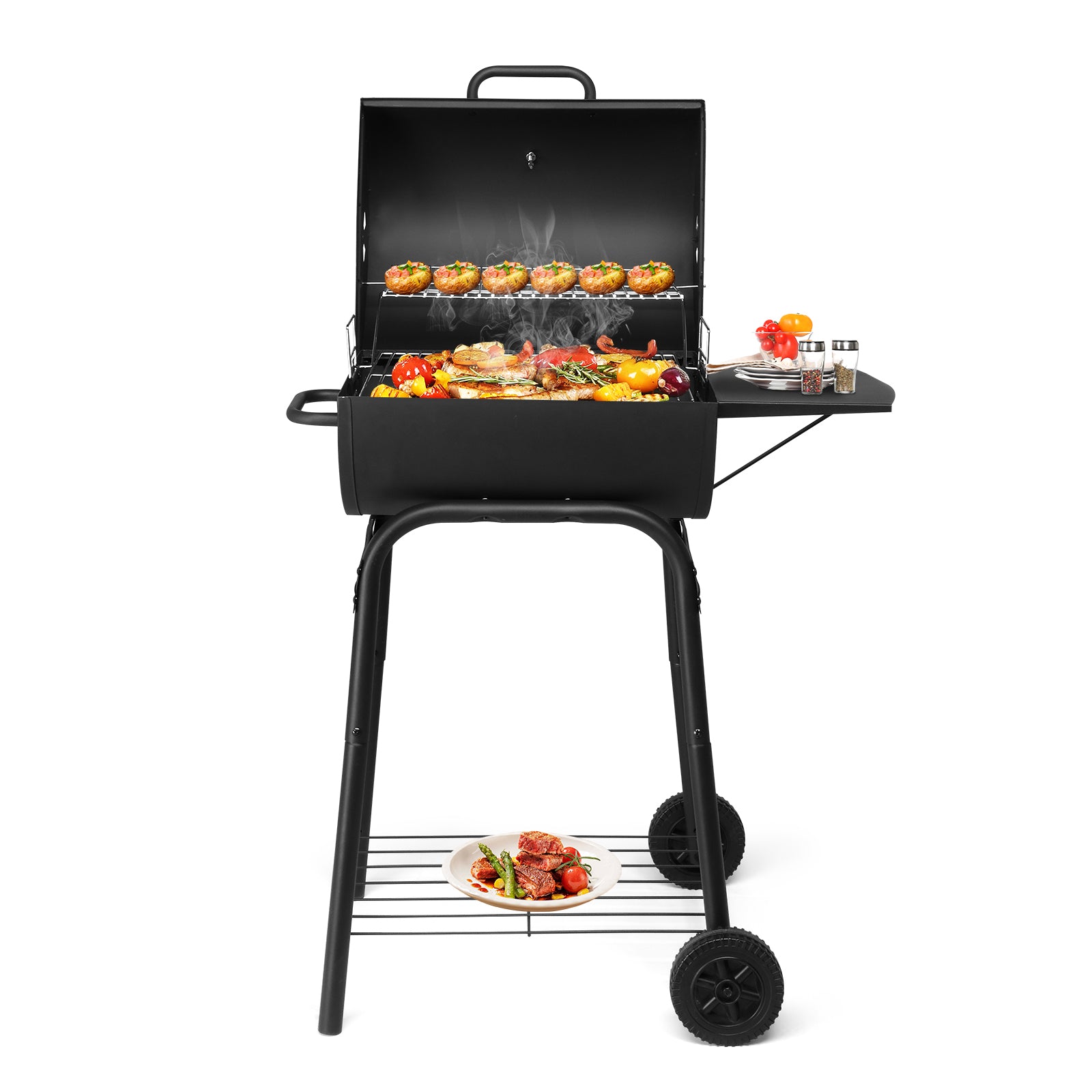 HAOYYE Charcoal Grills Outdoor BBQ Grill Barrel Style with Adjustable Charcoal Pan Side Table and Wheels for Backyard Patio Camping Picnics Garden Parties Large Cooking Space and Storage Shelf