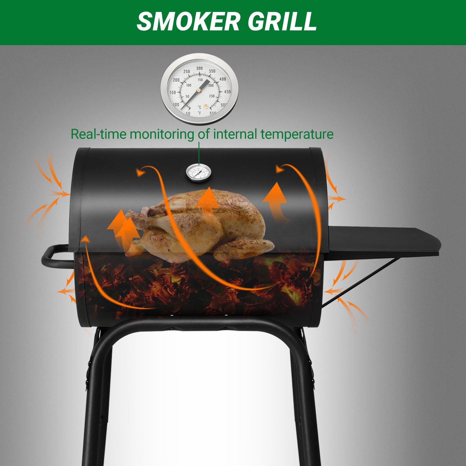 HAOYYE Charcoal Grills Outdoor BBQ Grill Barrel Style with Adjustable Charcoal Pan Side Table and Wheels for Backyard Patio Camping Picnics Garden Parties Large Cooking Space and Storage Shelf