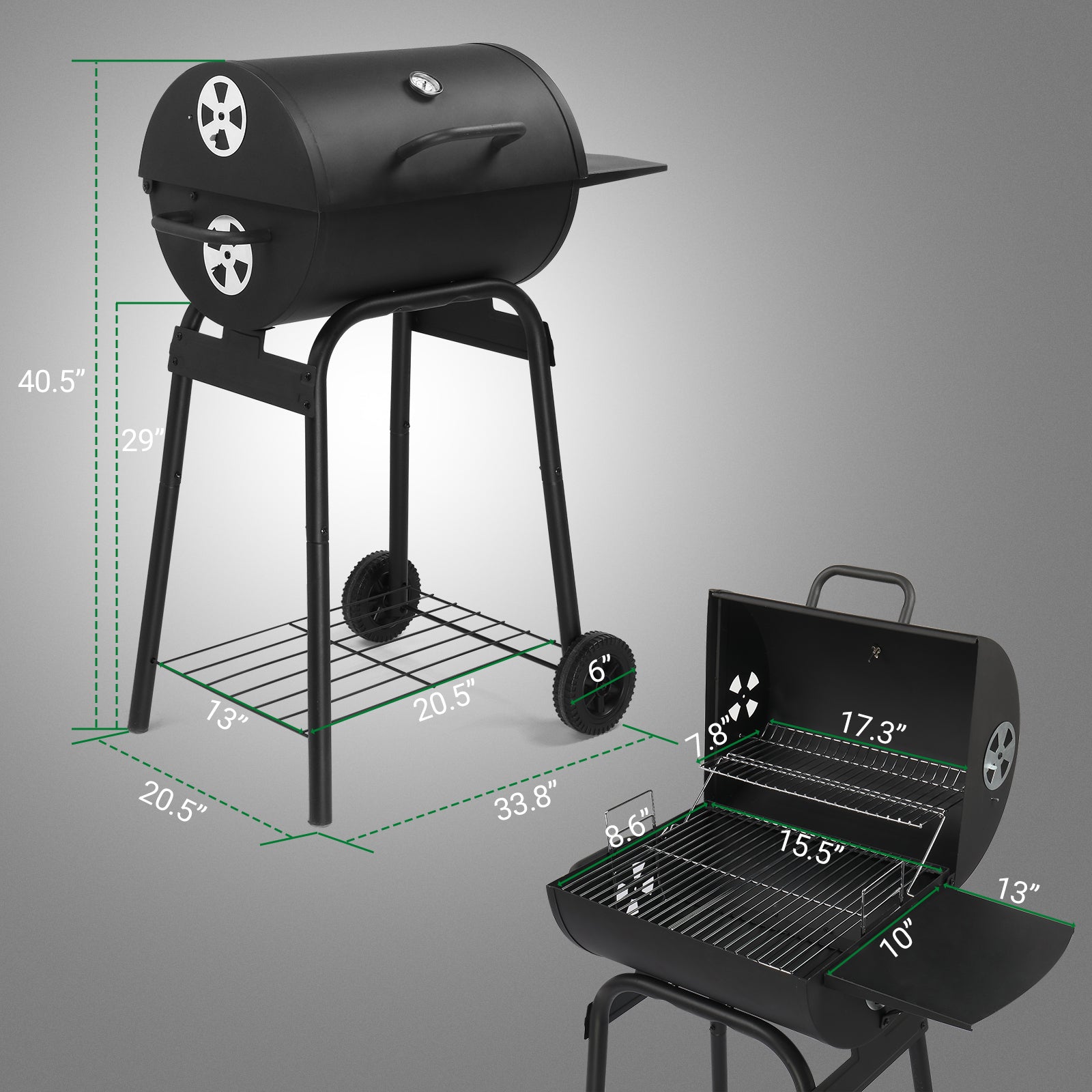 HAOYYE Charcoal Grills Outdoor BBQ Grill Barrel Style with Adjustable Charcoal Pan Side Table and Wheels for Backyard Patio Camping Picnics Garden Parties Large Cooking Space and Storage Shelf