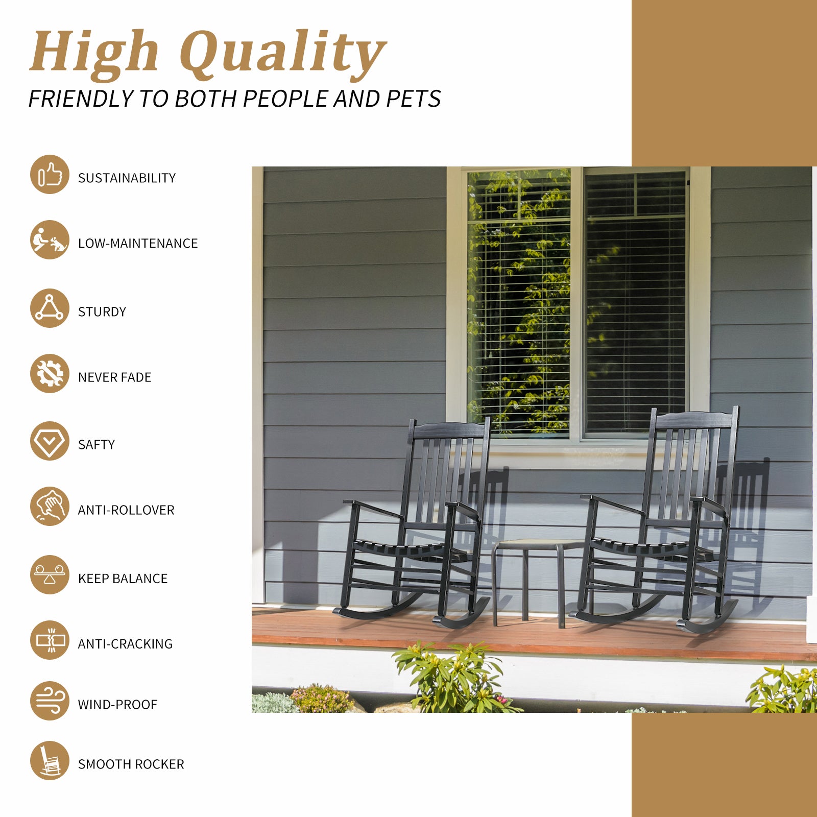 HAOYYE Square Wooden Rocking Chair with Wavy Backboard, Stylish Black Rocker for Patio, Garden, or Balcony, Durable Solid Wood Construction, Comfortable and Elegant Design for Relaxation and Outdoor Enjoyment