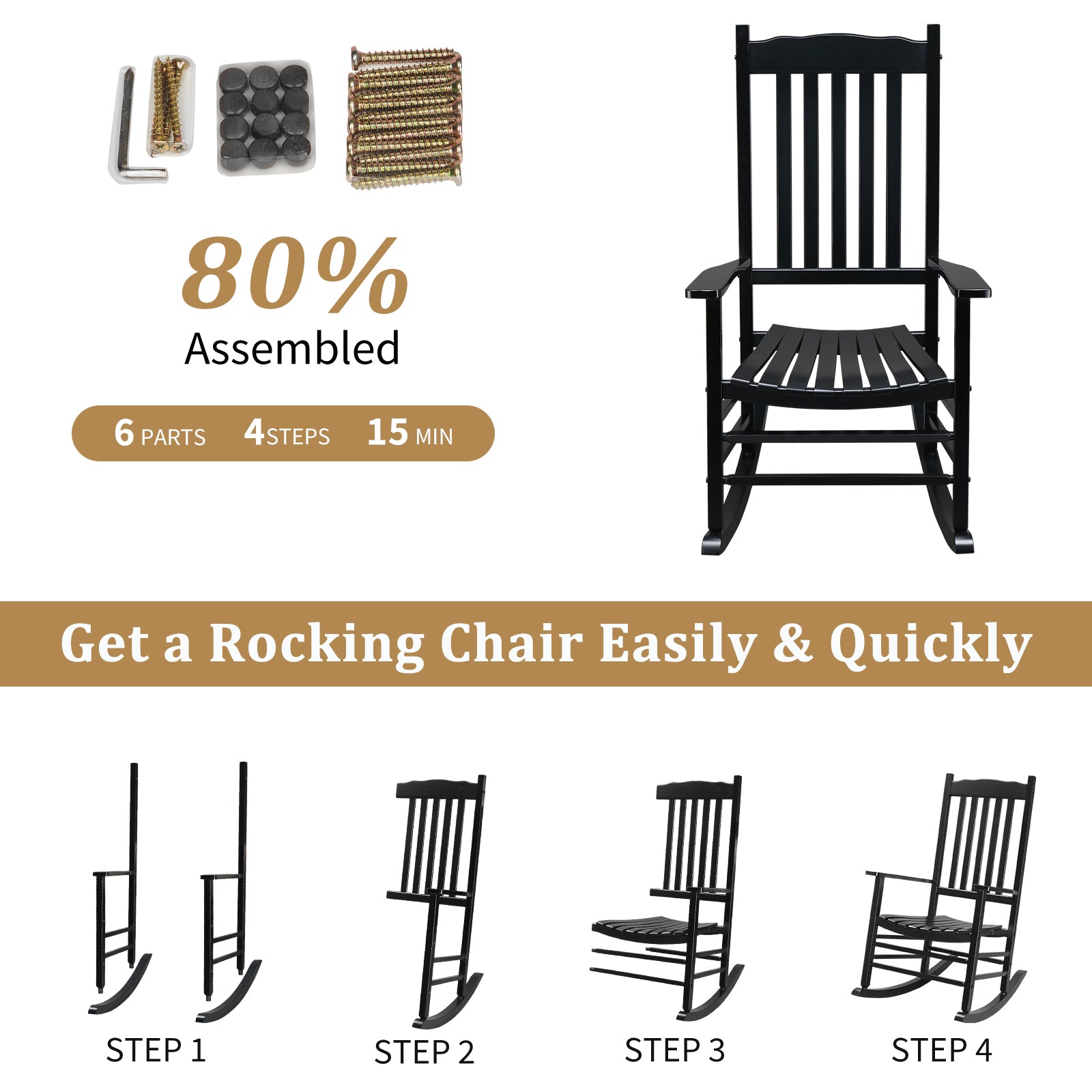 HAOYYE Square Wooden Rocking Chair with Wavy Backboard, Stylish Black Rocker for Patio, Garden, or Balcony, Durable Solid Wood Construction, Comfortable and Elegant Design for Relaxation and Outdoor Enjoyment