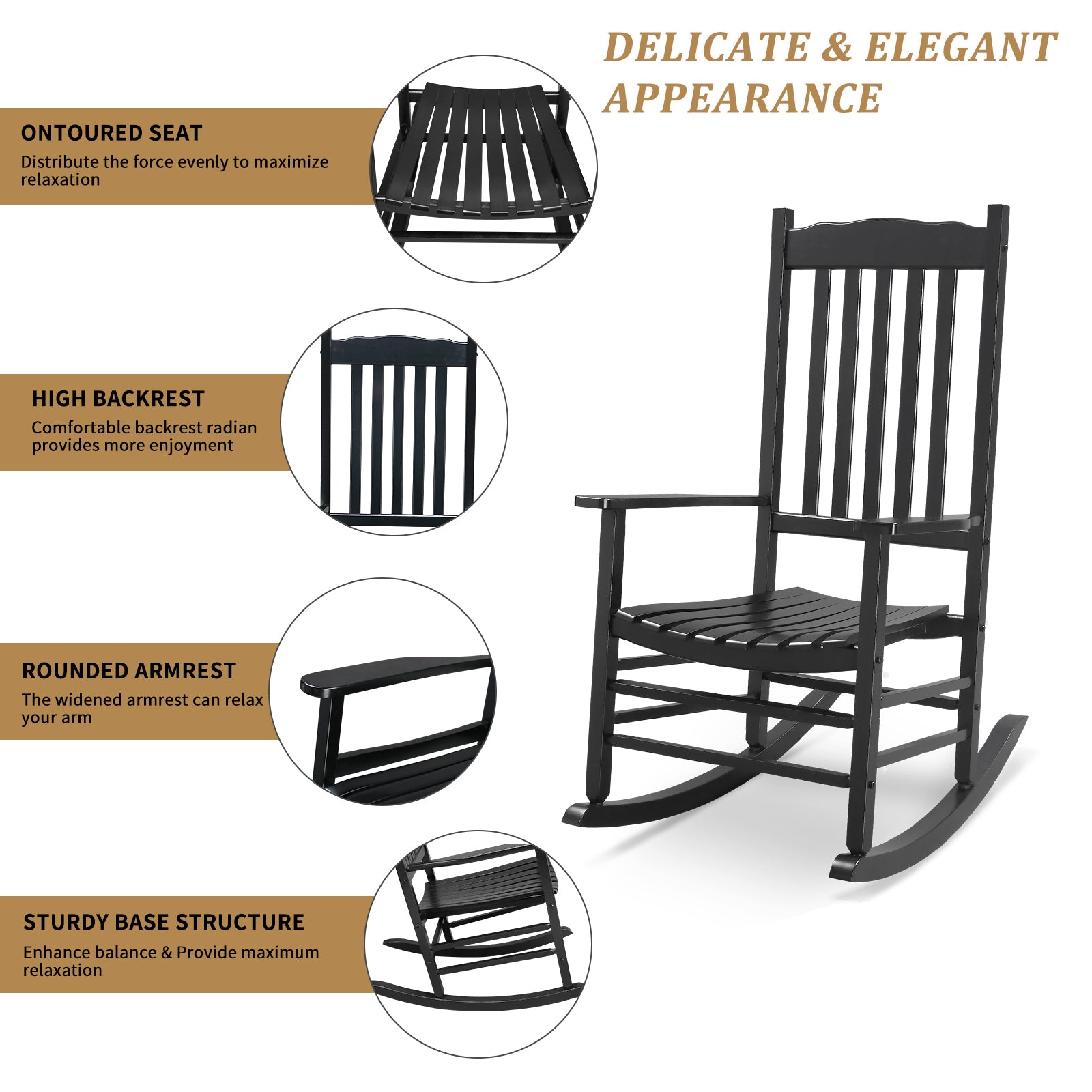 HAOYYE Square Wooden Rocking Chair with Wavy Backboard, Stylish Black Rocker for Patio, Garden, or Balcony, Durable Solid Wood Construction, Comfortable and Elegant Design for Relaxation and Outdoor Enjoyment