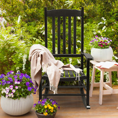 HAOYYE Square Wooden Rocking Chair with Wavy Backboard, Stylish Black Rocker for Patio, Garden, or Balcony, Durable Solid Wood Construction, Comfortable and Elegant Design for Relaxation and Outdoor Enjoyment