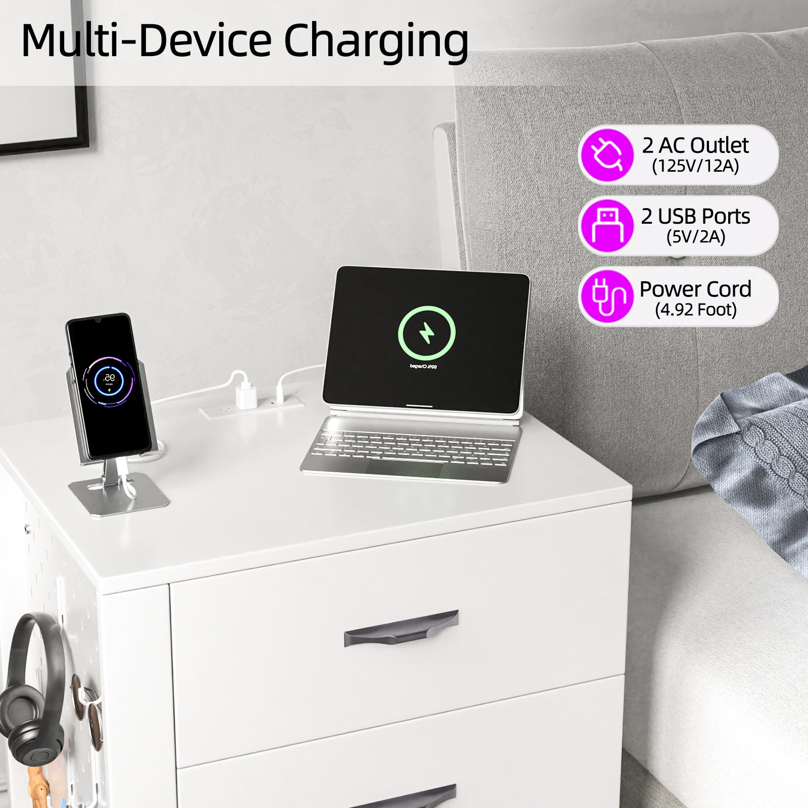 HAOYYE LED Nightstand with Charging Station & USB Ports, 3-Drawer Side Cabinet, Modern White Bedside Table for Bedroom, Right Side Storage, Adjustable RGB Lights, Convenient Night Table with USB Charging Ports