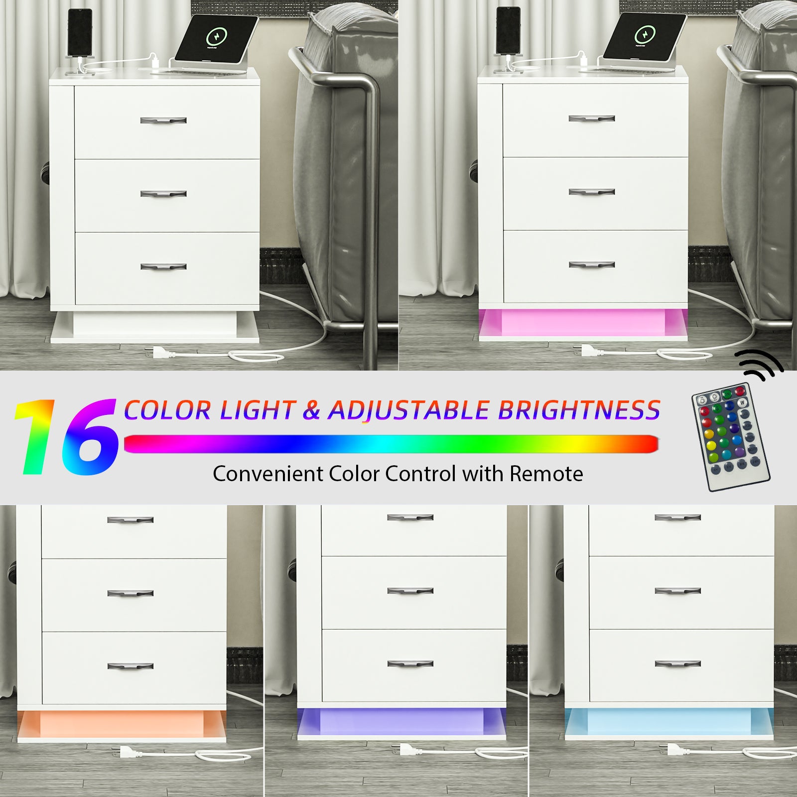 HAOYYE LED Nightstand with Charging Station & USB Ports, 3-Drawer Side Cabinet, Modern White Bedside Table for Bedroom, Right Side Storage, Adjustable RGB Lights, Convenient Night Table with USB Charging Ports