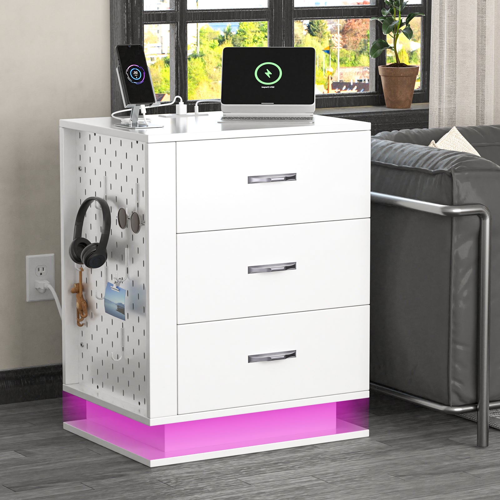 HAOYYE LED Nightstand with Charging Station & USB Ports, 3-Drawer Side Cabinet, Modern White Bedside Table for Bedroom, Right Side Storage, Adjustable RGB Lights, Convenient Night Table with USB Charging Ports