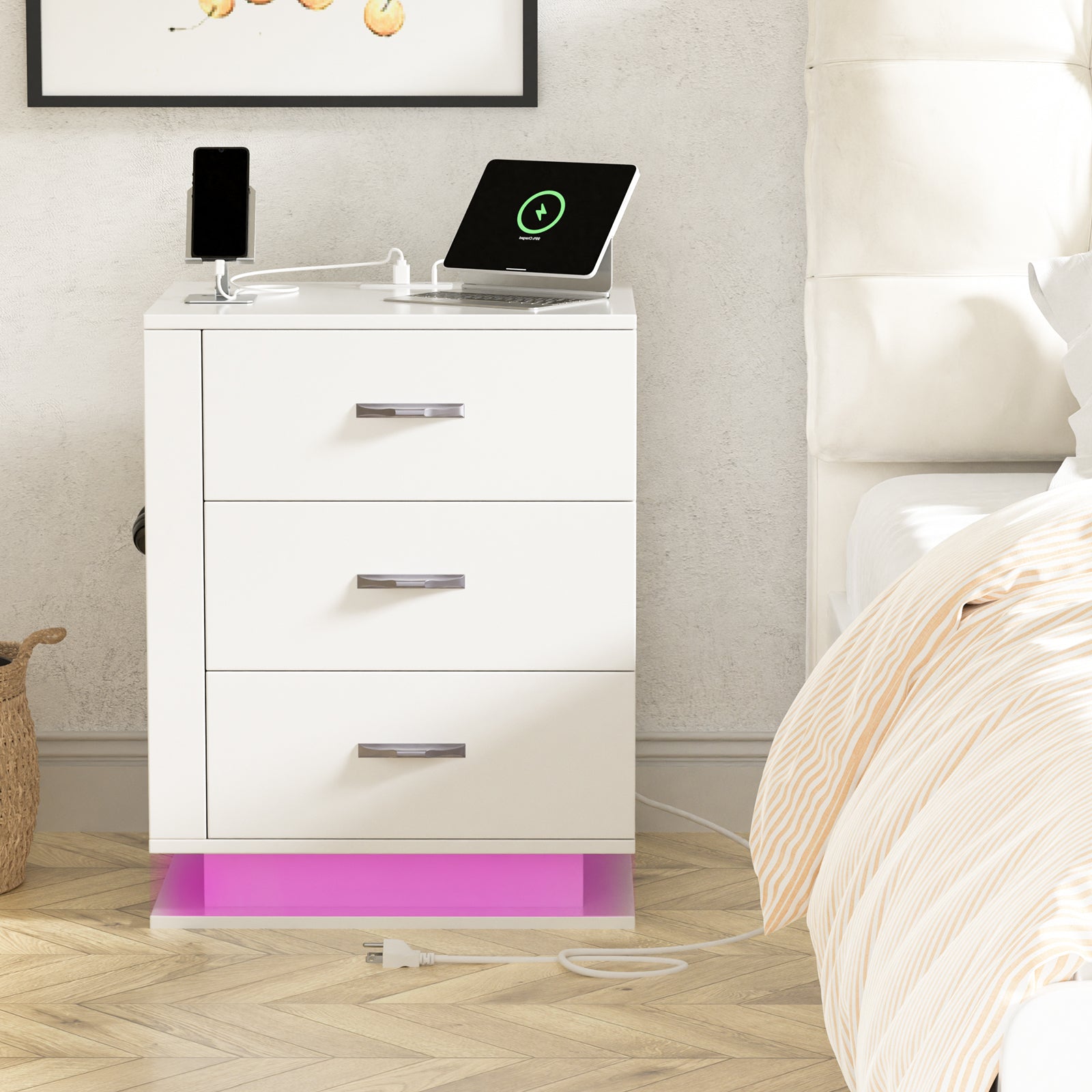 HAOYYE LED Nightstand with Charging Station & USB Ports, 3-Drawer Side Cabinet, Modern White Bedside Table for Bedroom, Right Side Storage, Adjustable RGB Lights, Convenient Night Table with USB Charging Ports