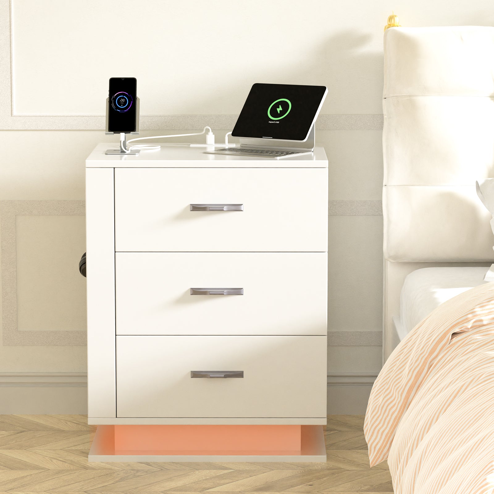 HAOYYE LED Nightstand with Charging Station & USB Ports, 3-Drawer Side Cabinet, Modern White Bedside Table for Bedroom, Right Side Storage, Adjustable RGB Lights, Convenient Night Table with USB Charging Ports