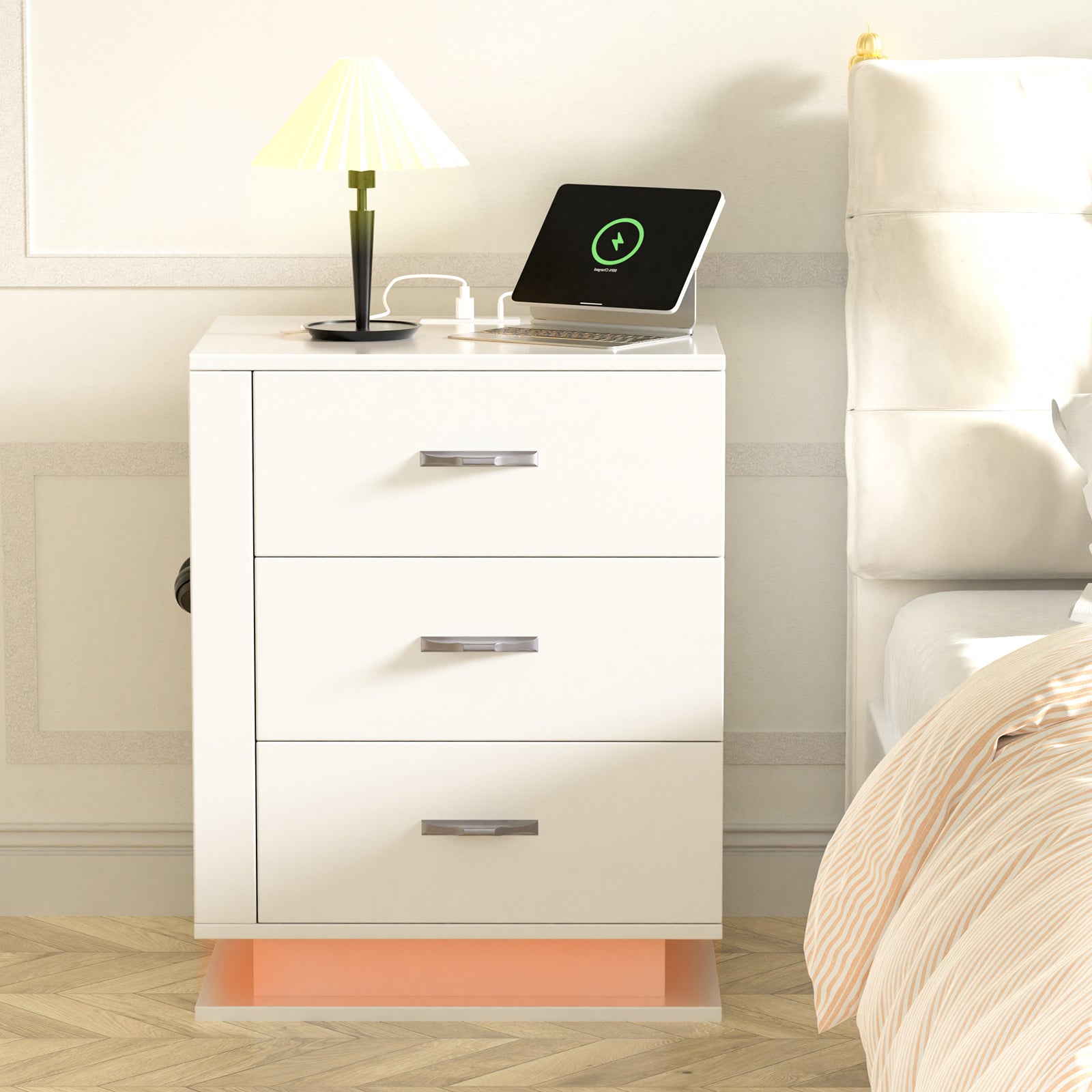 HAOYYE LED Nightstand with Charging Station & USB Ports, 3-Drawer Side Cabinet, Modern White Bedside Table for Bedroom, Right Side Storage, Adjustable RGB Lights, Convenient Night Table with USB Charging Ports