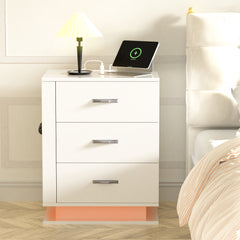 HAOYYE LED Nightstand with Charging Station & USB Ports, 3-Drawer Side Cabinet, Modern White Bedside Table for Bedroom, Right Side Storage, Adjustable RGB Lights, Convenient Night Table with USB Charging Ports