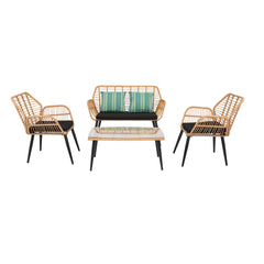 HAOYYE 4-Piece Outdoor Patio Furniture Set All Weather Rattan Bistro Set with Loveseat, Chairs, Table and Cushions for Backyard, Deck, Balcony, Conversation Seating Set