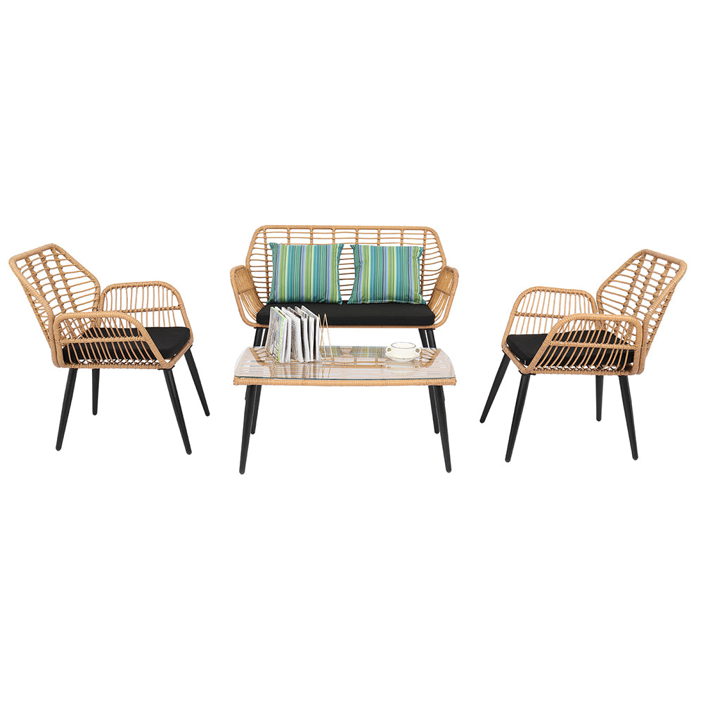 HAOYYE 4-Piece Outdoor Patio Furniture Set All Weather Rattan Bistro Set with Loveseat, Chairs, Table and Cushions for Backyard, Deck, Balcony, Conversation Seating Set