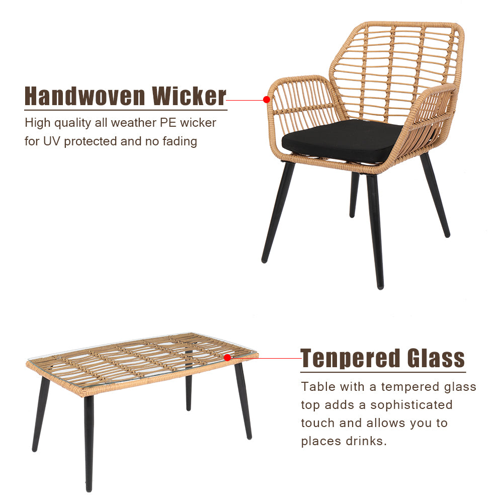 HAOYYE 4-Piece Outdoor Patio Furniture Set All Weather Rattan Bistro Set with Loveseat, Chairs, Table and Cushions for Backyard, Deck, Balcony, Conversation Seating Set