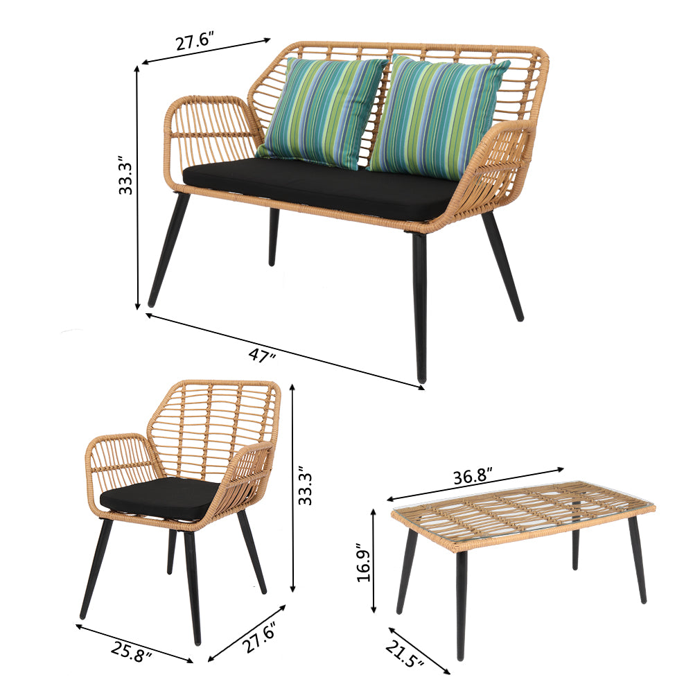 HAOYYE 4-Piece Outdoor Patio Furniture Set All Weather Rattan Bistro Set with Loveseat, Chairs, Table and Cushions for Backyard, Deck, Balcony, Conversation Seating Set