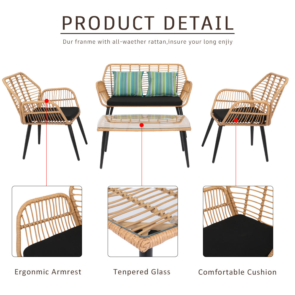 HAOYYE 4-Piece Outdoor Patio Furniture Set All Weather Rattan Bistro Set with Loveseat, Chairs, Table and Cushions for Backyard, Deck, Balcony, Conversation Seating Set