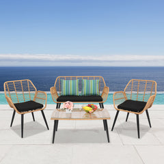 HAOYYE 4-Piece Outdoor Patio Furniture Set All Weather Rattan Bistro Set with Loveseat, Chairs, Table and Cushions for Backyard, Deck, Balcony, Conversation Seating Set