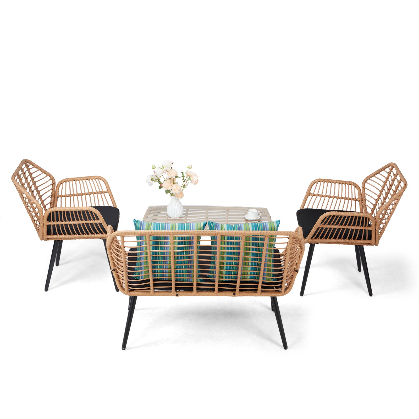 HAOYYE 4-Piece Outdoor Patio Furniture Set All Weather Rattan Bistro Set with Loveseat, Chairs, Table and Cushions for Backyard, Deck, Balcony, Conversation Seating Set