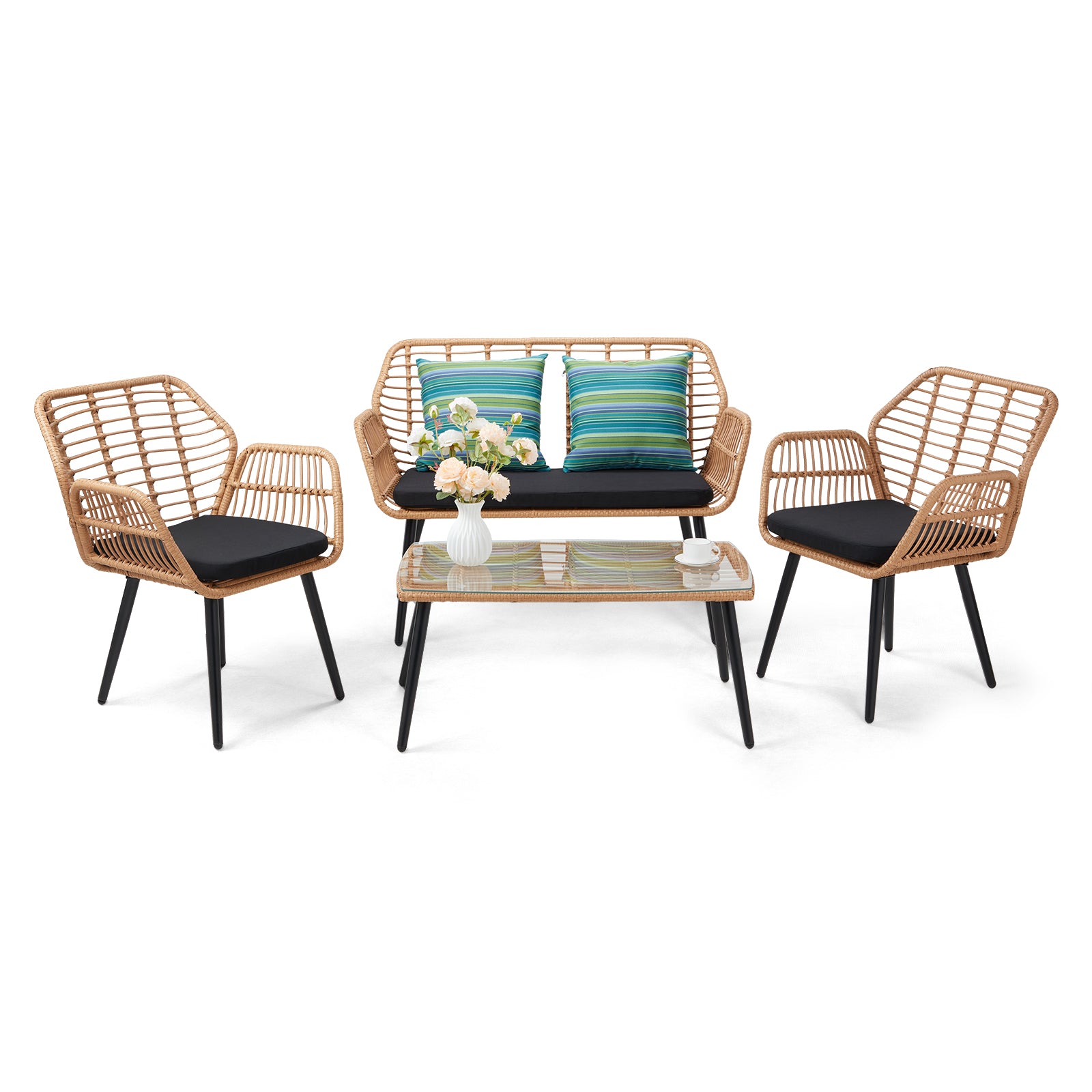 HAOYYE 4-Piece Outdoor Patio Furniture Set All Weather Rattan Bistro Set with Loveseat, Chairs, Table and Cushions for Backyard, Deck, Balcony, Conversation Seating Set