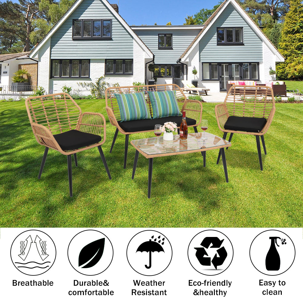 HAOYYE 4-Piece Outdoor Patio Furniture Set All Weather Rattan Bistro Set with Loveseat, Chairs, Table and Cushions for Backyard, Deck, Balcony, Conversation Seating Set