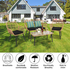 HAOYYE 4-Piece Outdoor Patio Furniture Set All Weather Rattan Bistro Set with Loveseat, Chairs, Table and Cushions for Backyard, Deck, Balcony, Conversation Seating Set
