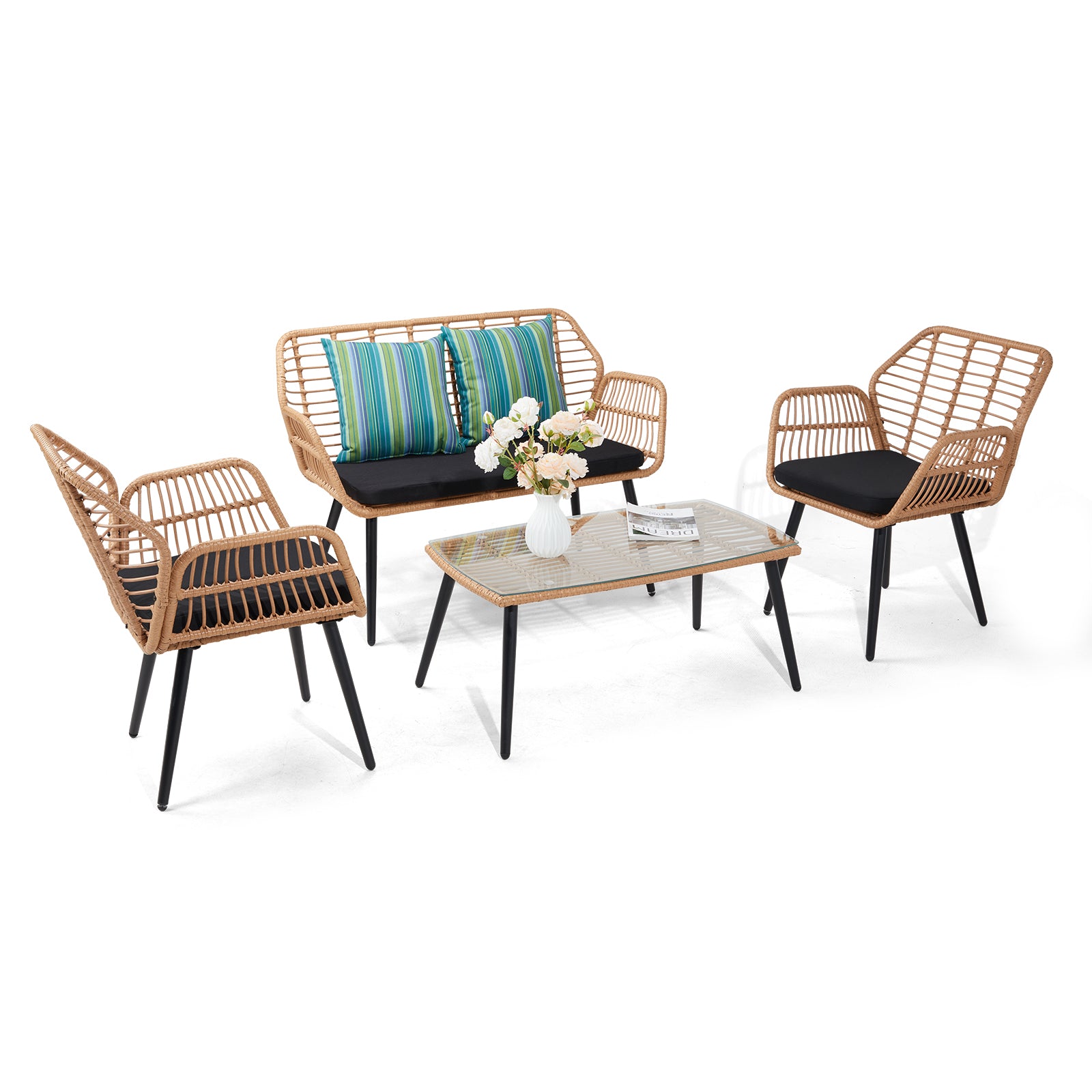 HAOYYE 4-Piece Outdoor Patio Furniture Set All Weather Rattan Bistro Set with Loveseat, Chairs, Table and Cushions for Backyard, Deck, Balcony, Conversation Seating Set