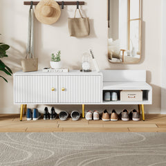 DE Direct HAOYYE Modern Shoe Storage Bench with Hidden Compartment and Soft Upholstered Cushion for Bedroom Living Room Entryway Hallway Closet Organization White