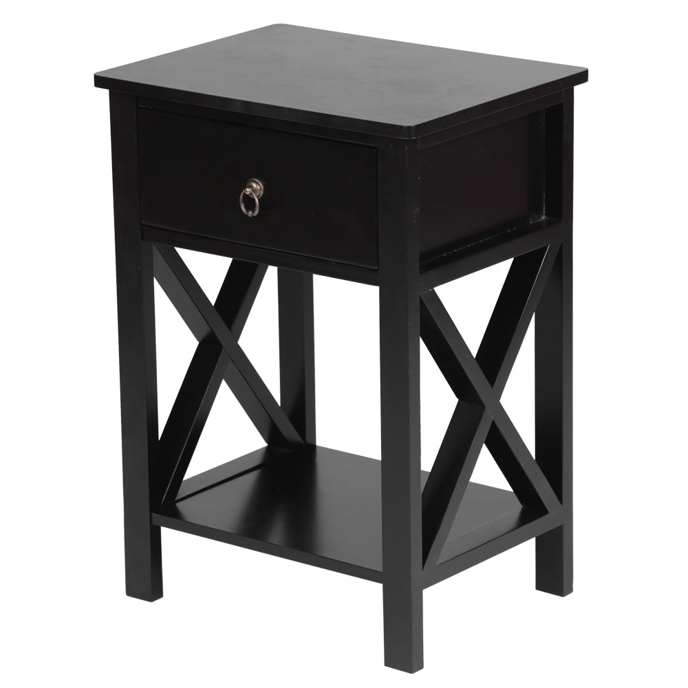 HAOYYE Modern Black Nightstand with Cross Metal Frame, Double Layer Storage and Open Shelf, Minimalist End Table for Bedroom, Living Room or Office, Durable and Easy to Assemble